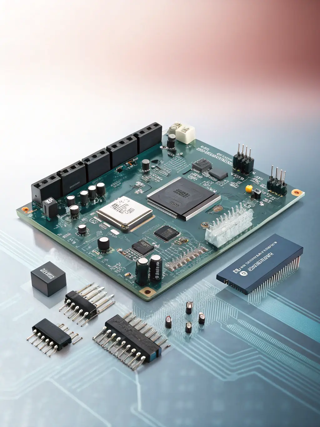 A sleek embedded device with multiple sensors connected to a control unit, showcasing hardware design for Reliova's Embedded & ODM Delivery service.
